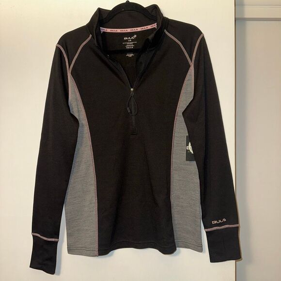 Bula Large Merino Wool Women Quarter Zip Active Long Sleeve Shirt Black Gray NWT - Picture 2 of 9